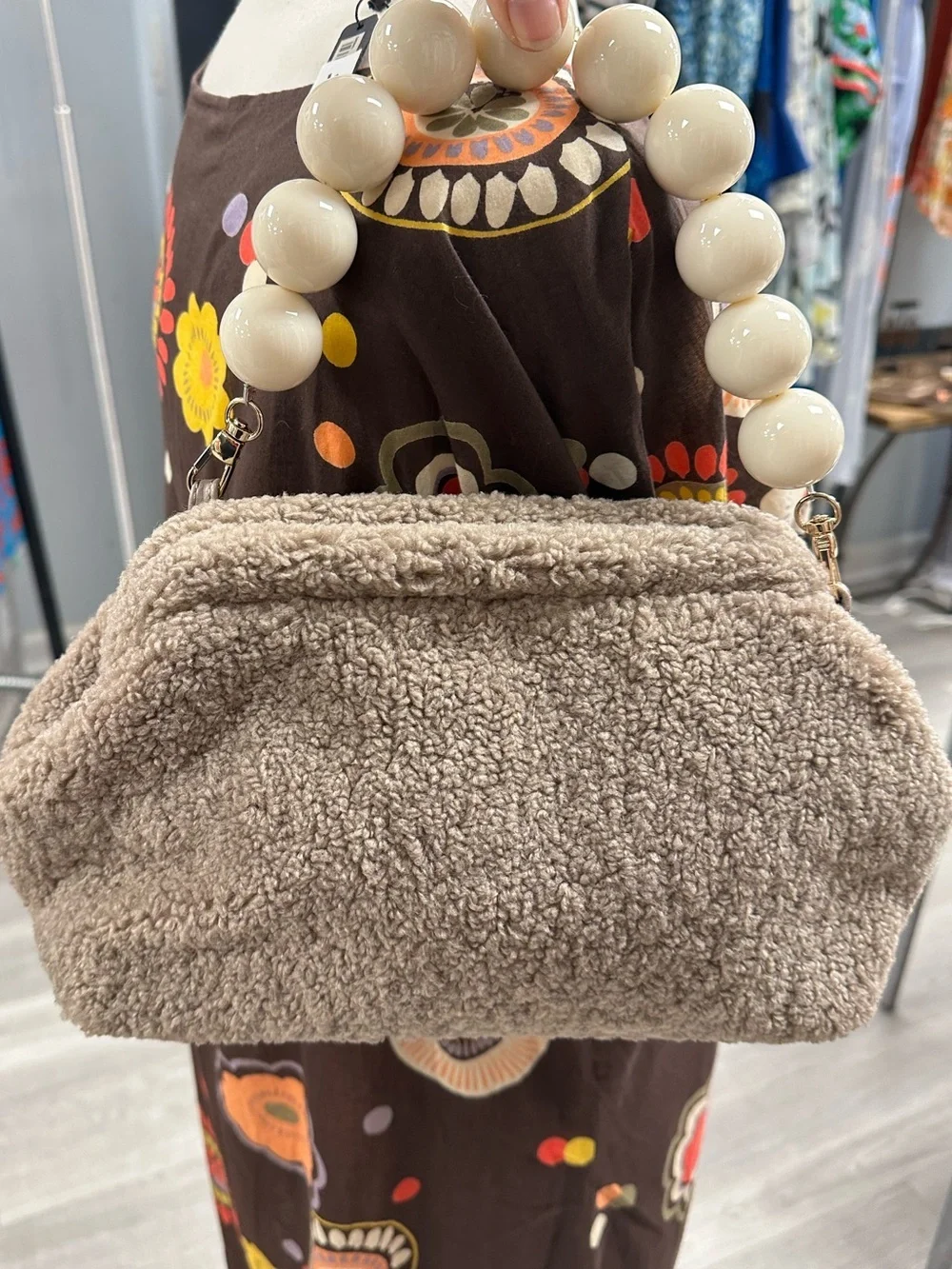 Ah-Dorned Teddy Sherpa Clutch w/ Oversized Beaded Handle Neutral Taupe Bag
